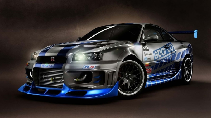 studio shot, 720P, black background, racecar, Nissan Skyline GT-R R34, sport, sports car, wheel, no people, land vehicle, tuning, Skyline R34, competitive sport