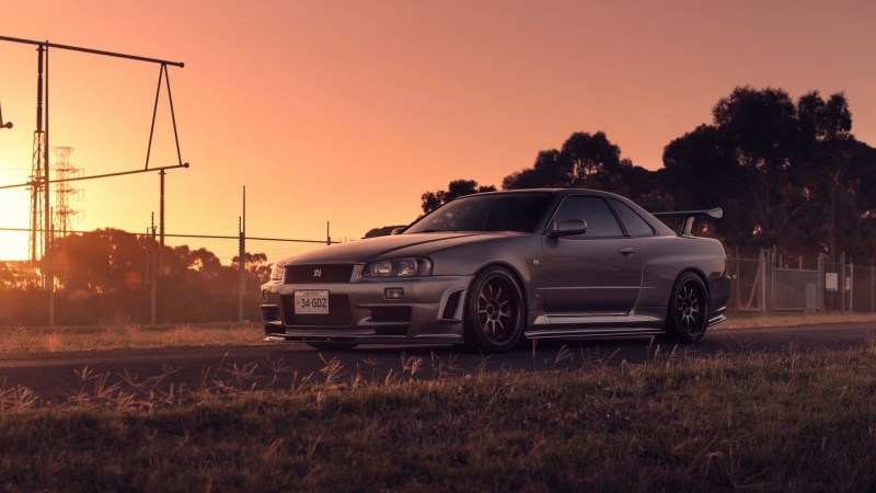 car, silver cars, Nissan, vehicle, JDM, Nissan Skyline, Japanese cars, Nissan Skyline GT-R R34, road, sunset, grey cars, 1080P, Nissan Skyline GT-R