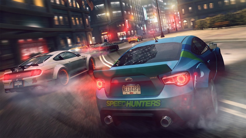 Drifting, road, illuminated, car, Need for Speed: No Limits, land vehicle, video games, blurred motion, mazda rx7, blue, taxi, architecture, Ford Fiesta ST