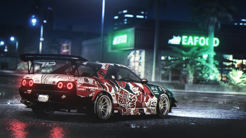 city, no people, sign, focus on foreground, Nissan, Nissan Skyline R32, digital art, black, vehicle, road, land vehicle, Need for Speed, video games, outdoors