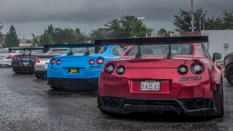 Nissan GT-R R35, 1080P, Nissan, Japanese cars, rain, Liberty Walk