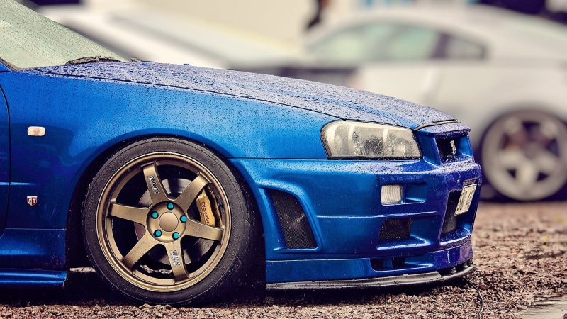 blue cars, Nissan Skyline GT-R R34 V-Spec II, depth of field, 1080P, Nissan Skyline GT-R, Nissan, wet, Nissan Skyline GT-R R34, tuning, rain, car, JDM