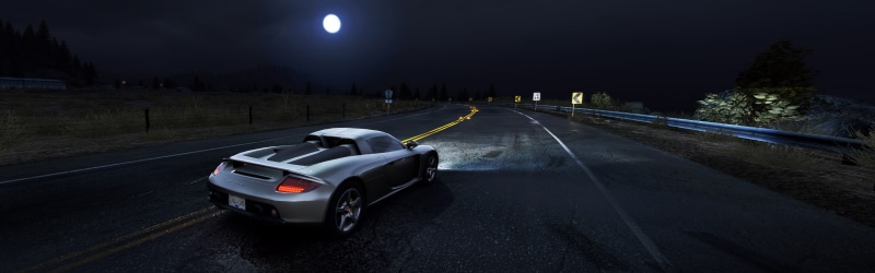 Porsche Carrera GT, night, dividing line, marking, road, diminishing perspective, street, Need for Speed, full moon, 4K, symbol, mode of transportation
