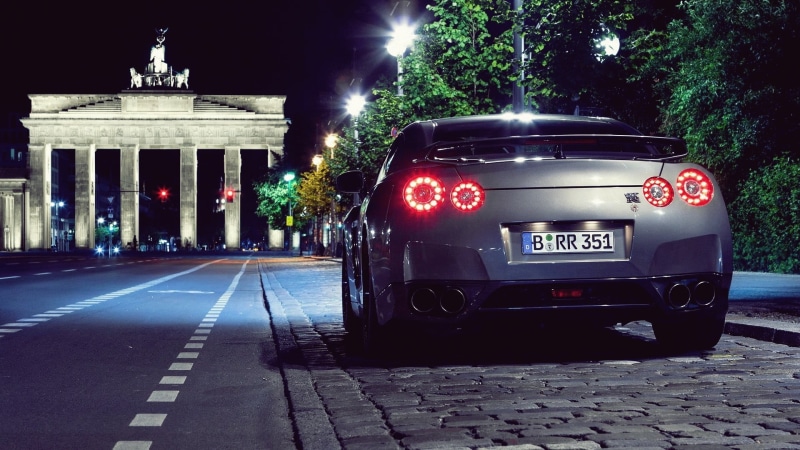 Nissan GT-R R35, road, 1080P, architecture, city gate, travel destinations, transportation, the past, nature, travel, night, built structure, no people