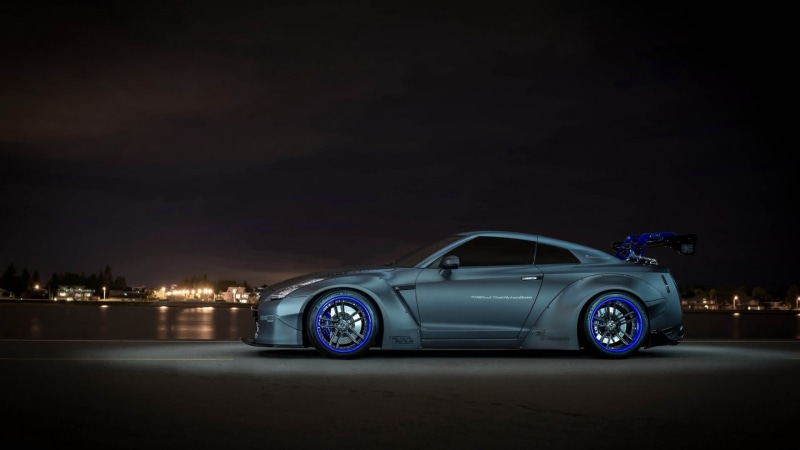 1080P, transportation, speed, outdoors, chrome, wealth, silver colored, Nissan GT-R R35, land vehicle, dark, Nissan, retro styled, night, headlight, sports car