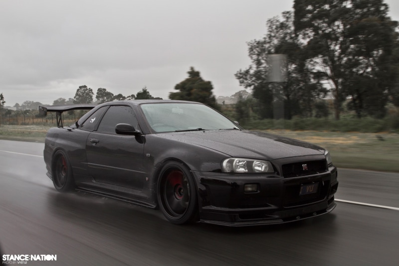 Nissan GT-R, 720P, JDM, Nissan, car, road, Japanese cars, rain, Nissan GTR R34, Nissan Skyline GT-R R34