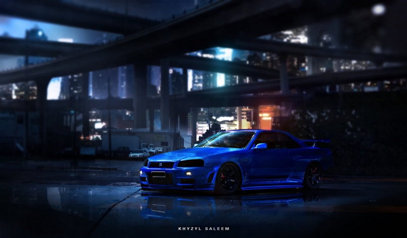 city, mode of transportation, built structure, urban Scene, motor vehicle, police force, dark, night, land Vehicle, blue, nissan skyline, blurred Motion