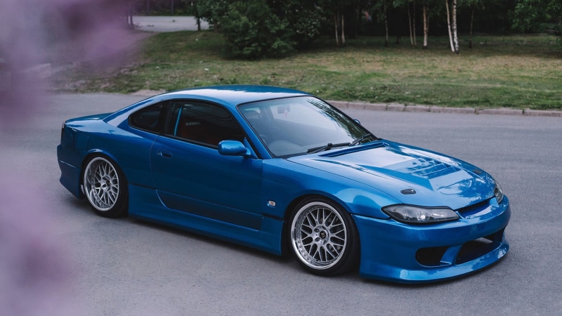 no people, land vehicle, wheel, day, tree, parking, blue, road, retro styled, vintage car, city, Silvia S15, S15, Silvia, car, Nissan, coupe, JDM, silver colored