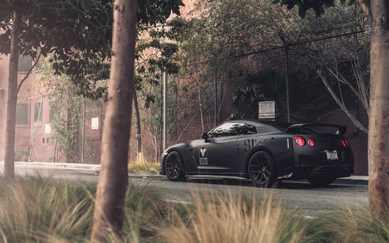 transportation, day, mode of transportation, growth, Nissan GT-R, outdoors, forest, 720P, black, nature, trunk, street, Nissan GT-R R35, vintage car, GT-R