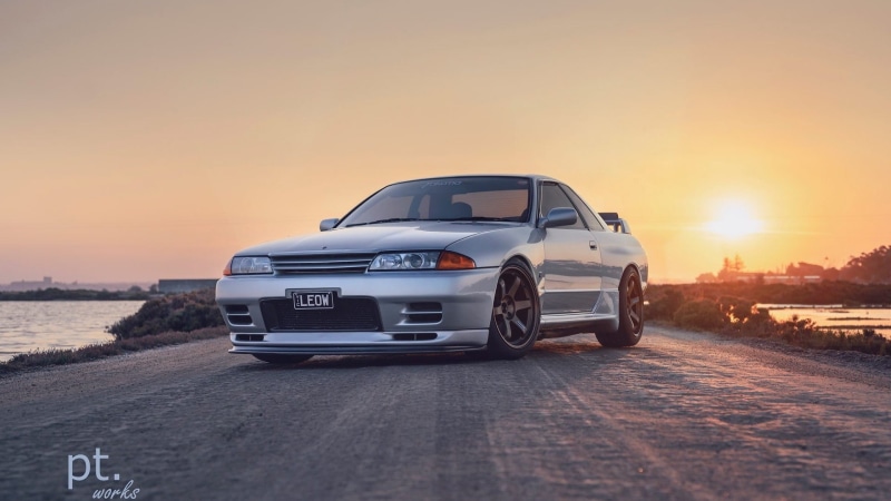 Nissan Skyline, car, Nissan skyline GT-R R32, vehicle, Japanese cars, Nissan, JDM, sports car, 1080P, silver cars, sunset, road, dirtroad