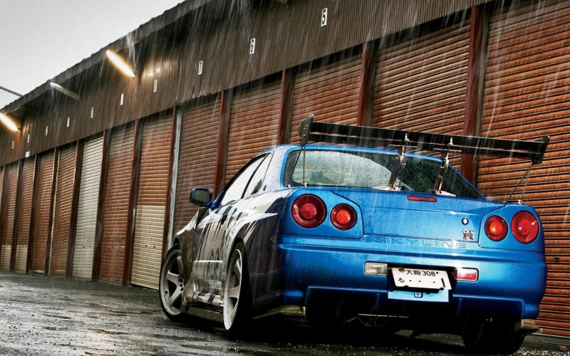 Nissan, Nissan Skyline, architecture, blue, car, stationary, vintage car, brick, transportation, Nissan Skyline GT-R R34, day, built structure, red, blue cars