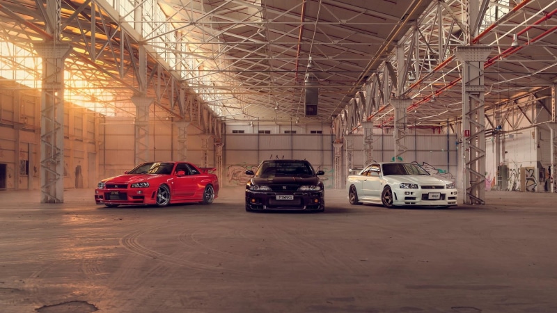 Nissan Skyline GT-R R34, JDM, red cars, purple cars, Nissan Skyline GT-R R33, 1080P, Nissan Skyline, Nismo, white cars, Nissan, Japanese cars, shed