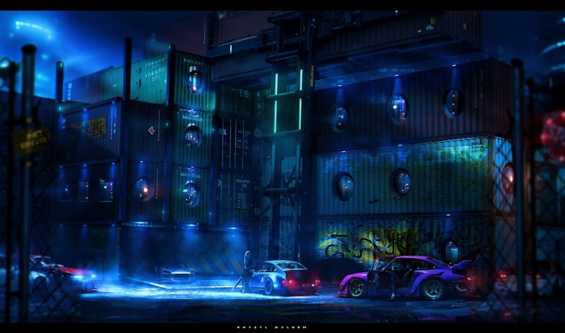 transportation, no people, garage, motion, outdoors, women with cars, motor vehicle, scooter, glowing, travel, black, fence, motorcycle, night, container