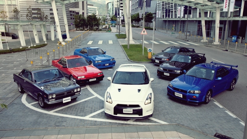 Nissan, Nissan GT-R R32, blue cars, Nissan Skyline GT-R R34, white cars, Nissan Skyline GT-R R33, car, vehicle, Nissan GTR, 1080P, cityscape, Japanese cars