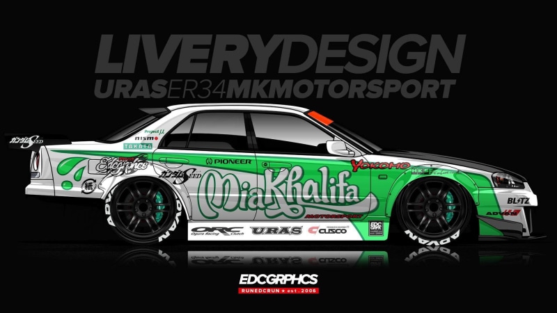 Nissan Skyline GT-R R34, capital letter, text, car, communication, city, Japanese cars, EDC Graphics, direction, motor vehicle, architecture, 1080P, night