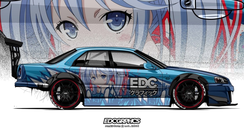 EDC Graphics, JDM, Nissan, Japanese cars, Nissan Skyline ER34, render, anime girls, 1080P