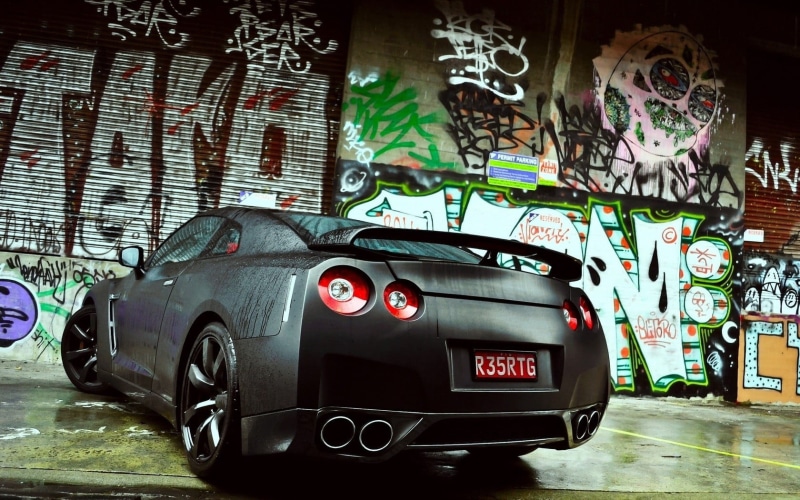 architecture, Nissan GT-R, art and craft, text, street art, motor vehicle, multi colored, Nissan, car, built structure, representation, indoors, city, 720P