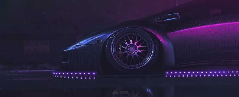 mode of transportation, illuminated, city, luxury, close-up, outdoors, electrical equipment, transportation, wheel, dark, car, 2K, motor vehicle, no people