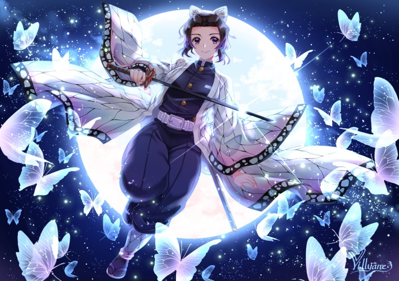 sword, katana, 720P, short hair, butterfly, uniform, weapon, purple eyes, Kochou Shinobu, black hair, Kimetsu no Yaiba