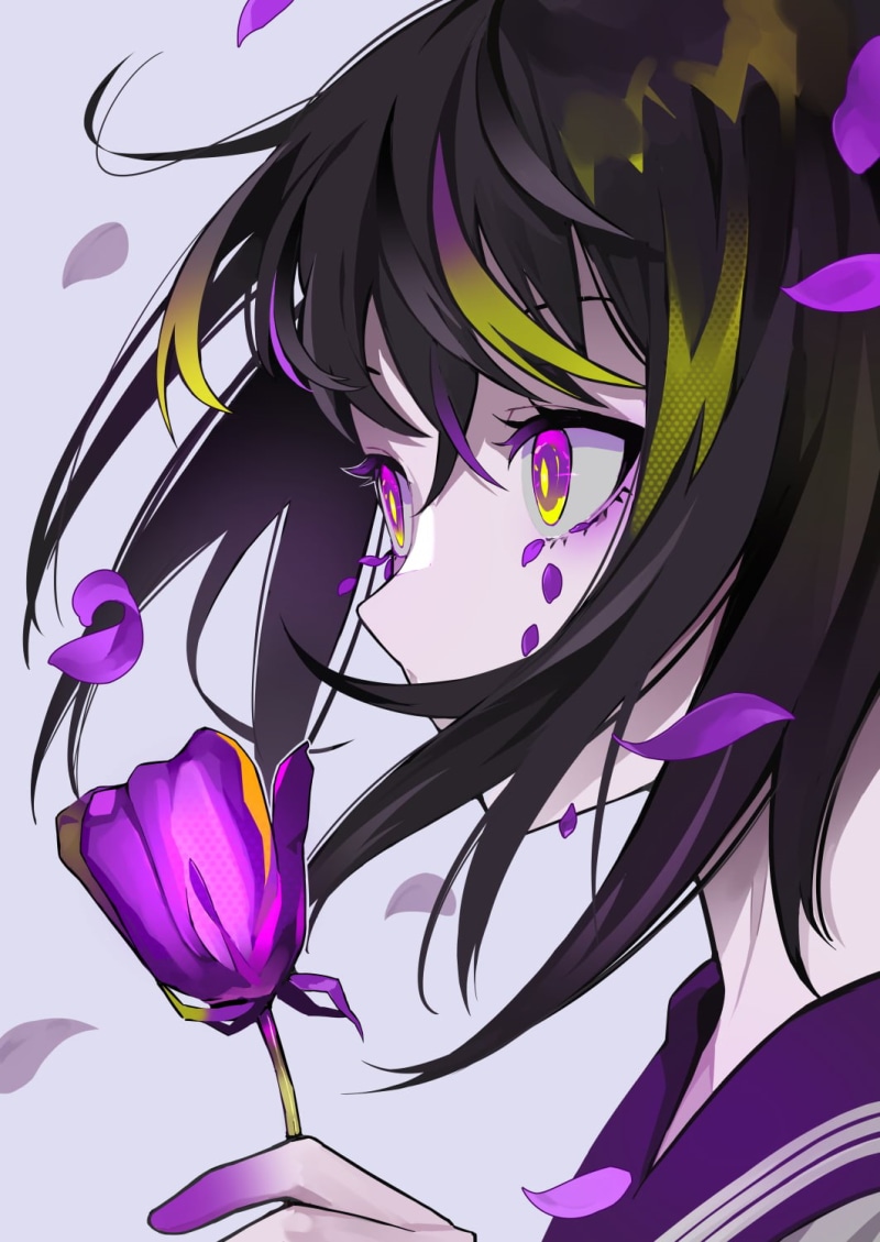 illustration, LAM, crying, drawing, artwork, flowers, original characters, simple background, dark hair, 2D, digital art, portrait display, purple eyes