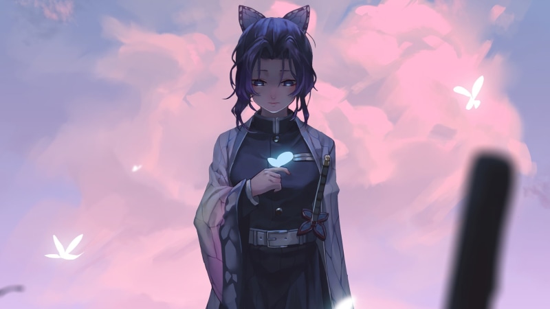 Kimetsu no Yaiba, anime, sword, Kochou Shinobu, simple background, anime girls, butterfly, gray eyes, 1080P