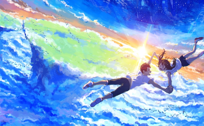 2K, Hodaka Morishima, Anime, Weathering With You, Hina Amano, Sunset, Cloud