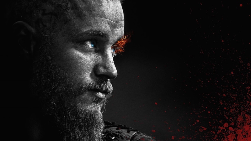 beards, 1080P, Ragnar Lodbrok, TV, men, selective coloring, blue eyes, monochrome, side view, eyes, Vikings, fire, looking away, dark, red, face