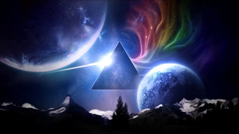 Triangular prism, Mountains, Meadows, 1080P, Planet, Triangle, Stars, Art, Dark side of the moon, Prism, Space, Pink Floyd, Music, Rock, The Dark Side
