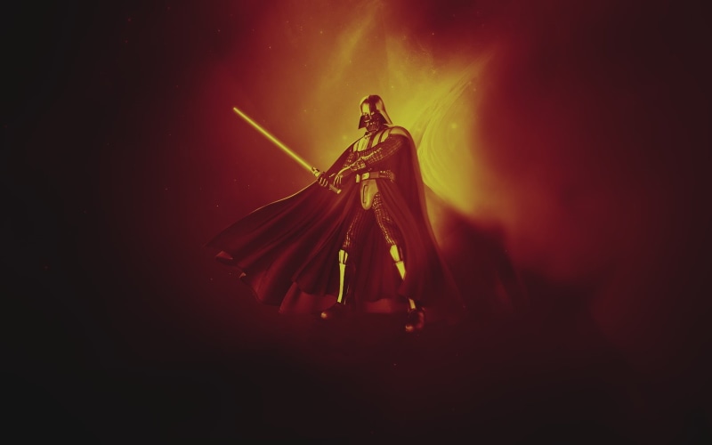 720P, indoors, figurine, low angle view, darth, one person, light - natural phenomenon, event, lighting equipment, stage, star, representation, standing