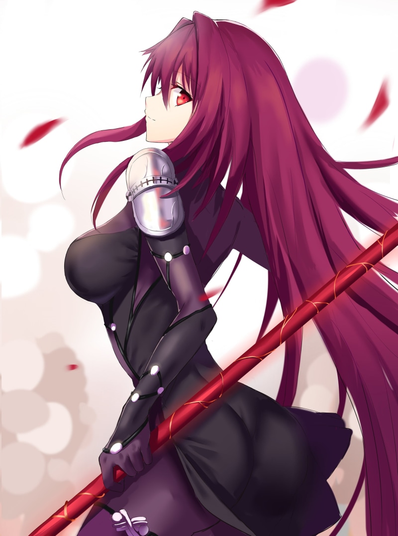 futuristic, close-up, redhead, bodysuit, red eyes, 2K, white  background, indoors, adult, women, weapon, red, fashion, Scathach ( Fate/Grand Order ), clothing