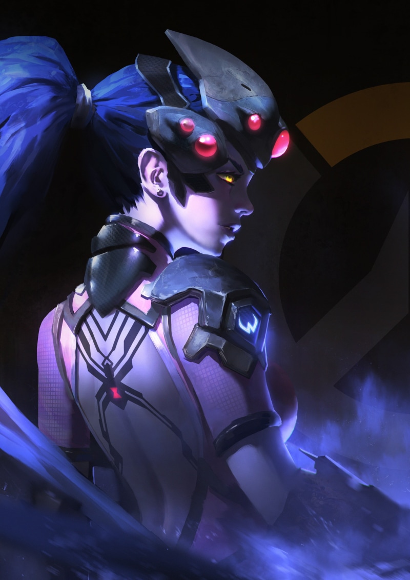yellow eyes, human representation, fantasy, indoors, robot, widow, Overwatch, digital composite, people, tattoo, studio shot, mystery, Widowmaker (Overwatch)