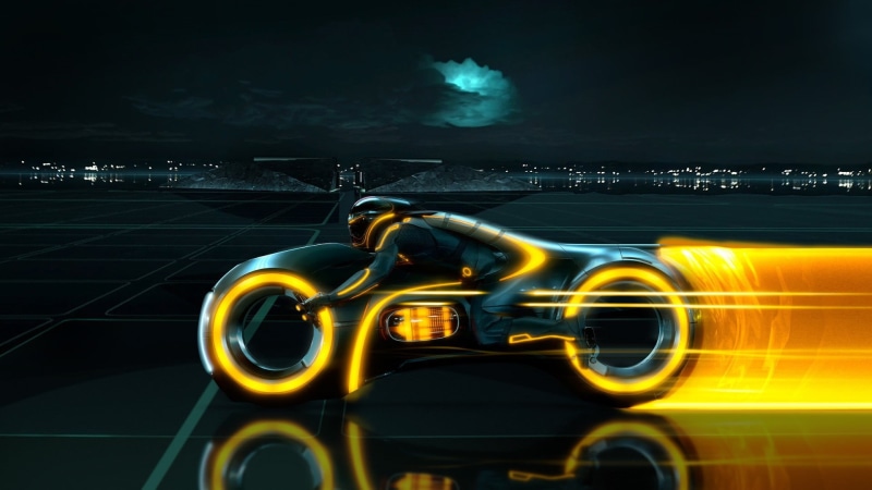 tron, illuminated, 1080P, motorcycle, Tron: Legacy, mode of transportation, blurred motion, cloud - sky, architecture, yellow, digital composite, building exterior