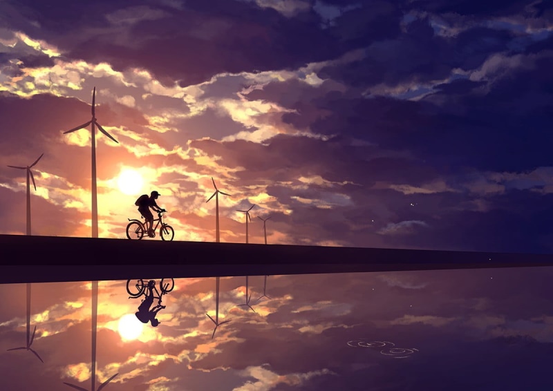 lifestyles, silhouette, transportation, 480P, bicycle, cloud - sky, illustration, water, riding, activity, orange color, ride, bike, people, cycling, sport