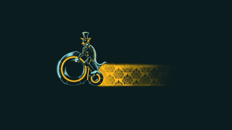 bicycle, still life, cut out, yellow, dark, studio shot, steampunk, gold colored, indoors, humor, perfume sprayer, riding, digital art, gold, single object
