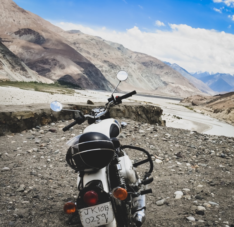 sky, enfield, mode of transportation, field, non-urban scene, nature, landscape, technology, scenics - nature, ladakh, environment, outdoors, transportation