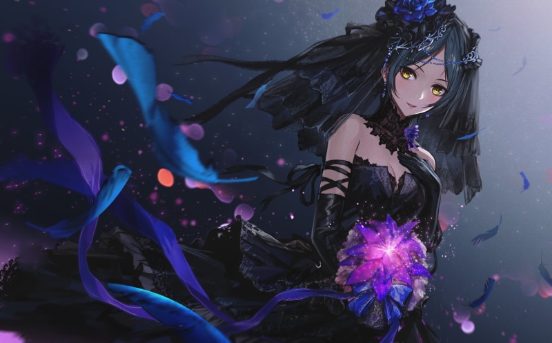 dark hair, yellow eyes, blue, anime, 720P, anime girls, long hair