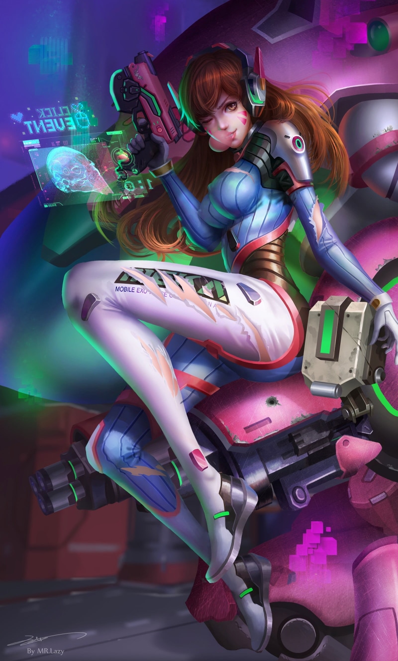 offspring, gun, D.Va (Overwatch), childhood, fun, space, game, illuminated, toy, mech, anime girls, young Adult, females, anime, robot, night, people, child