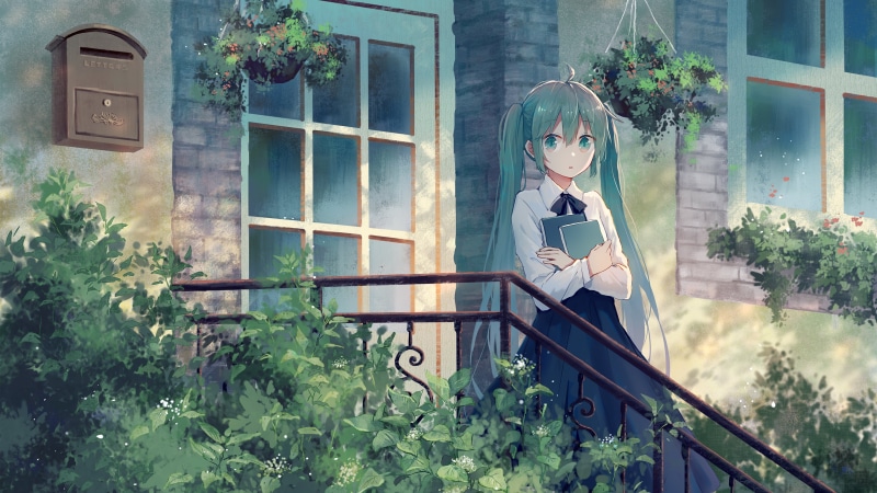 front view, glasses, adult, Vocaloid, growth, architecture, young adult, women, plant, standing, day, anime girls, one person, young women, three quarter length