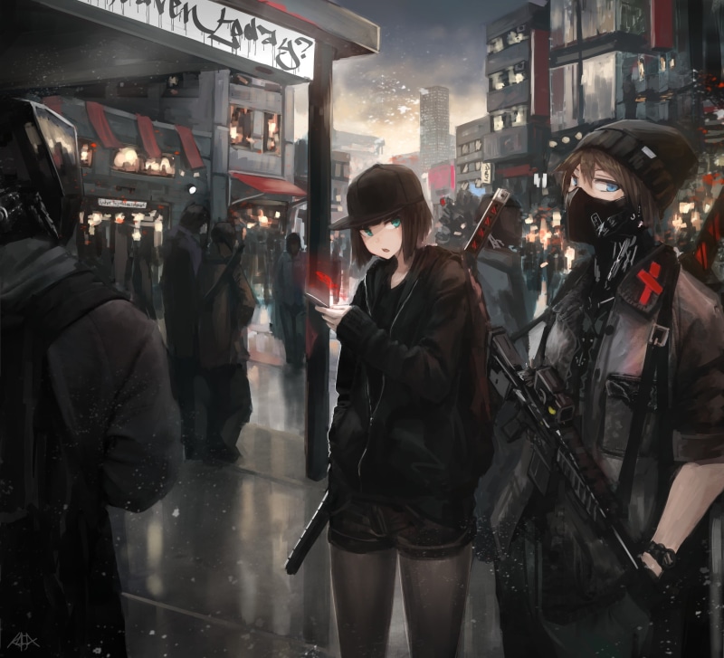 bag, illuminated, blue eyes, gun, reflection, three quarter length, character, one person, 1080P, architecture, anime girls, walking, weapon, warm clothing