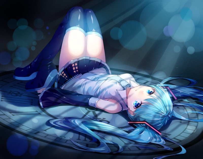 legs, clocks, Vocaloid, skirt, anime girls, twintails, thigh-highs, blue hair, Hatsune Miku, 1080P, long hair, blue eyes, anime