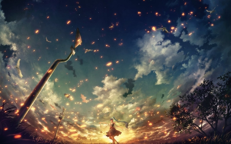 backgrounds, anime girls, sky, growth, low angle view, clouds, anime, cloud - sky, Hatsune Miku, beauty in nature, sun, scenics - nature, praying, yellow