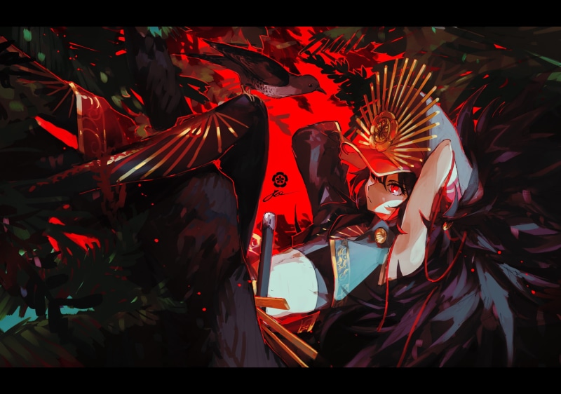 Oda Nobunaga (Fate/Grand Order), birds, black hair, 2K, Fate/Grand Order, long hair, red eyes, anime, anime girls, Fate Series