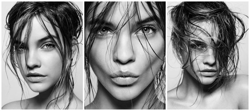 bare shoulders, close-up, contemplation, looking at viewer, face, hair, open mouth, monochrome, real people, portrait, hairstyle, digital composite, Barbara Palvin