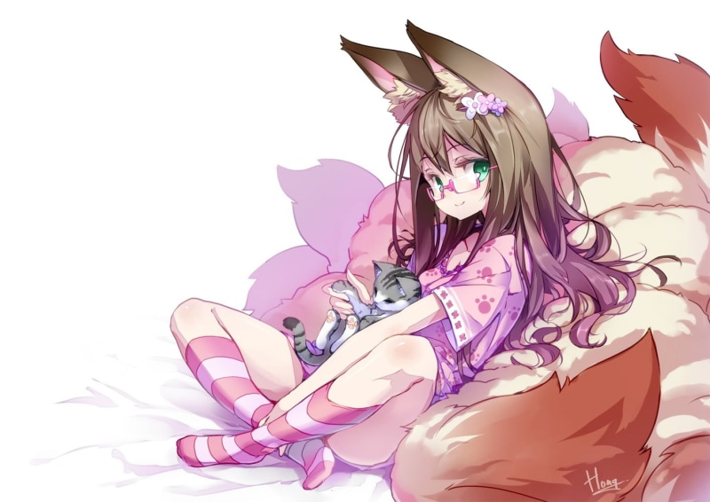 pink color, animal ears, studio shot, long hair, indoors, anime, one person, white background, meganekko, young women, blond hair, female, fashion, green eyes
