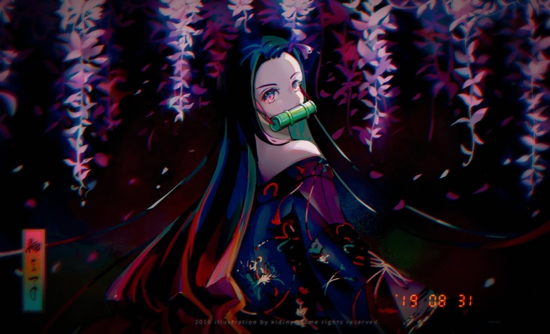 demon girl, black hair, Kimetsu no Yaiba, anime, pink eyes, Kamado Nezuko, flowers, anime girls, 1080P, long hair