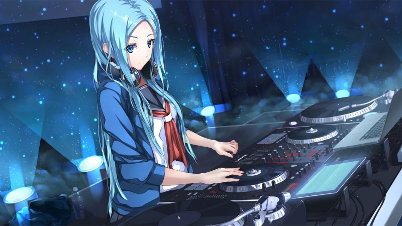 indoors, blue eyes, adult, clothing, anime girls, arts culture and entertainment, enjoyment, event, headphones, illuminated, blue hair, one person, long hair