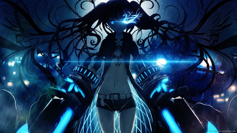 Black Rock Shooter, 1080P, anime girls, anime, dark, blue eyes, long hair, glowing eyes