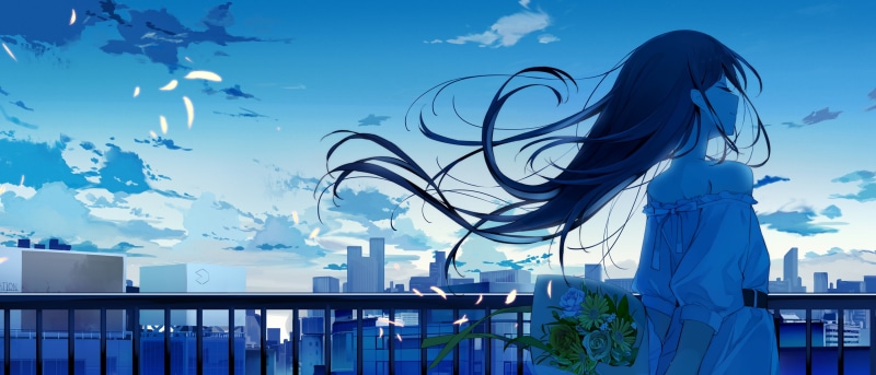 2K, sky, anime girls, closed eyes, long hair, blue, anime, flowers