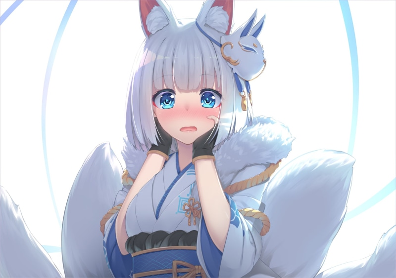 Blue Eyes, Azur Lane, Kaga (Azur Lane), Blush, Animal Ears, Anime, 1080P, Girl, White Hair