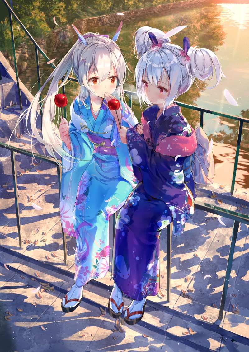 anime, 2K, Laffey (Azur Lane), white hair, kimono, Azur Lane, Ayanami (Azur Lane), red eyes, anime girls